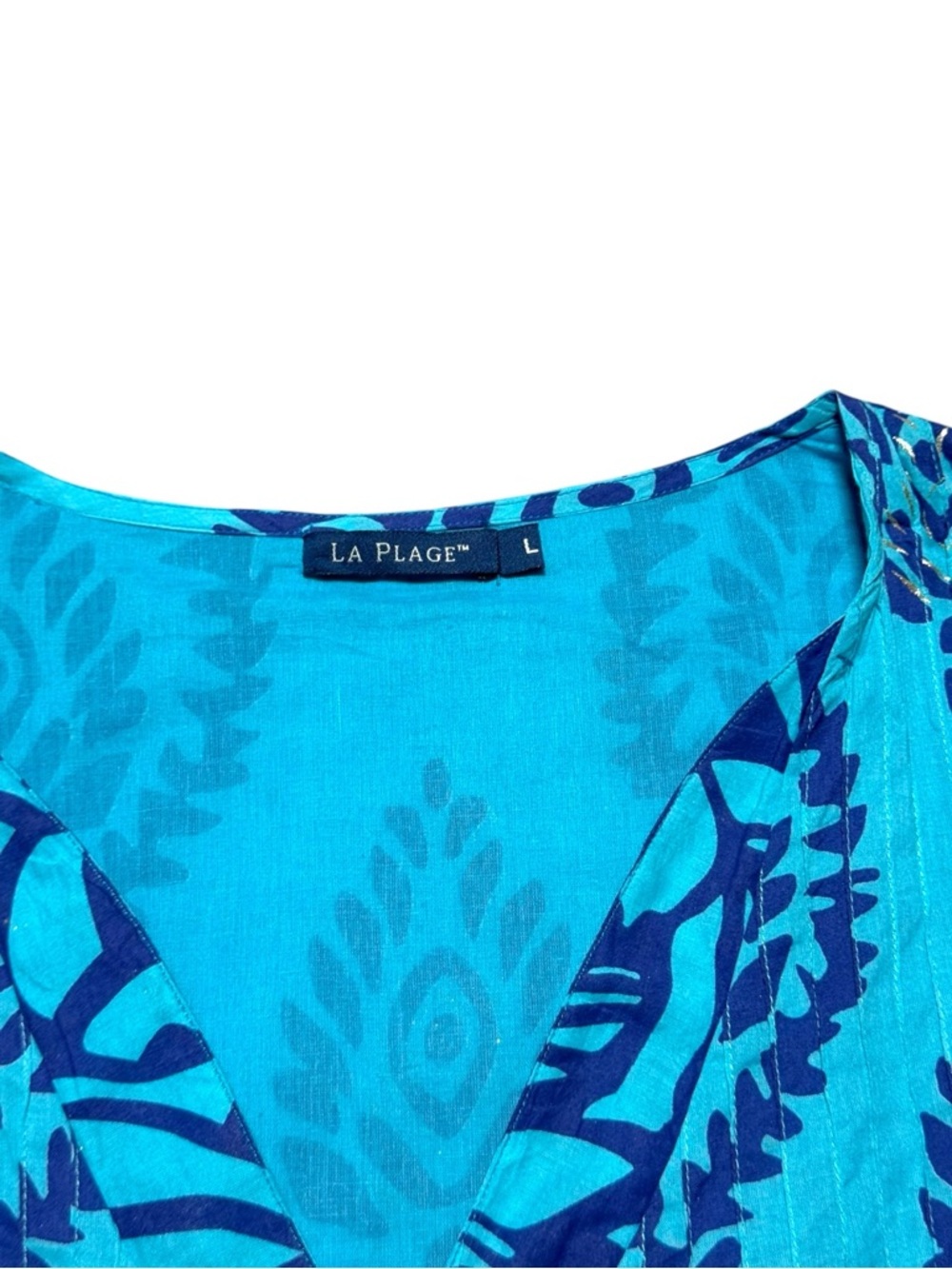 LA PLAGE Women’s Dress Large Maxi Cotton Turquoise Blue Boho Geometric Designer - Picture 2 of 11